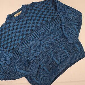 VINTAGE MCGREGOR BLUE BLACK SWEATER MEN'S SIZE LARGE CREW NECK MULTI PATTERN VGC